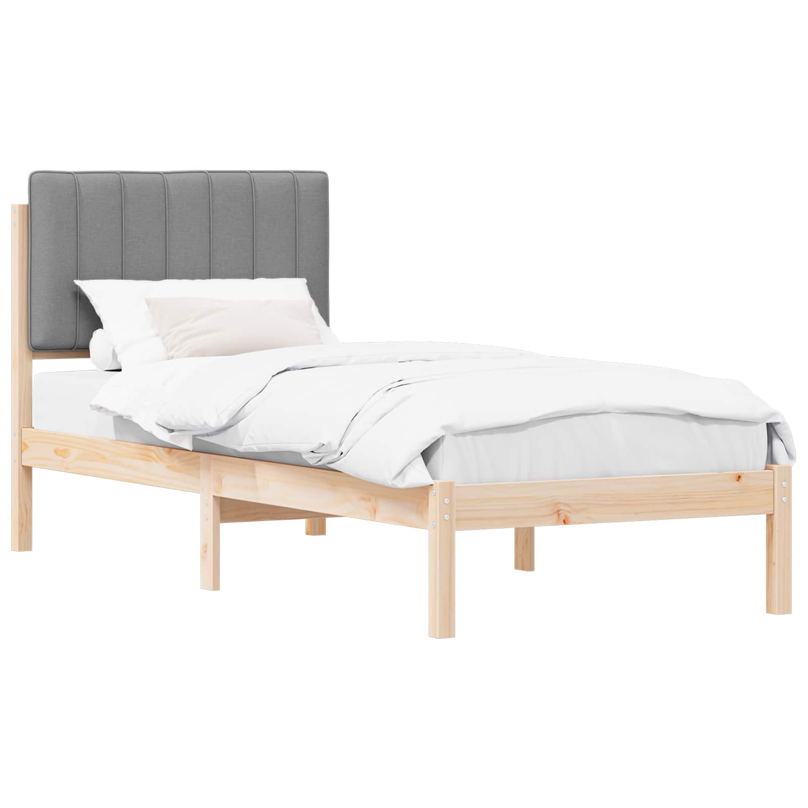 Estrutura de cama com cabeceira estofada cinzento-claro