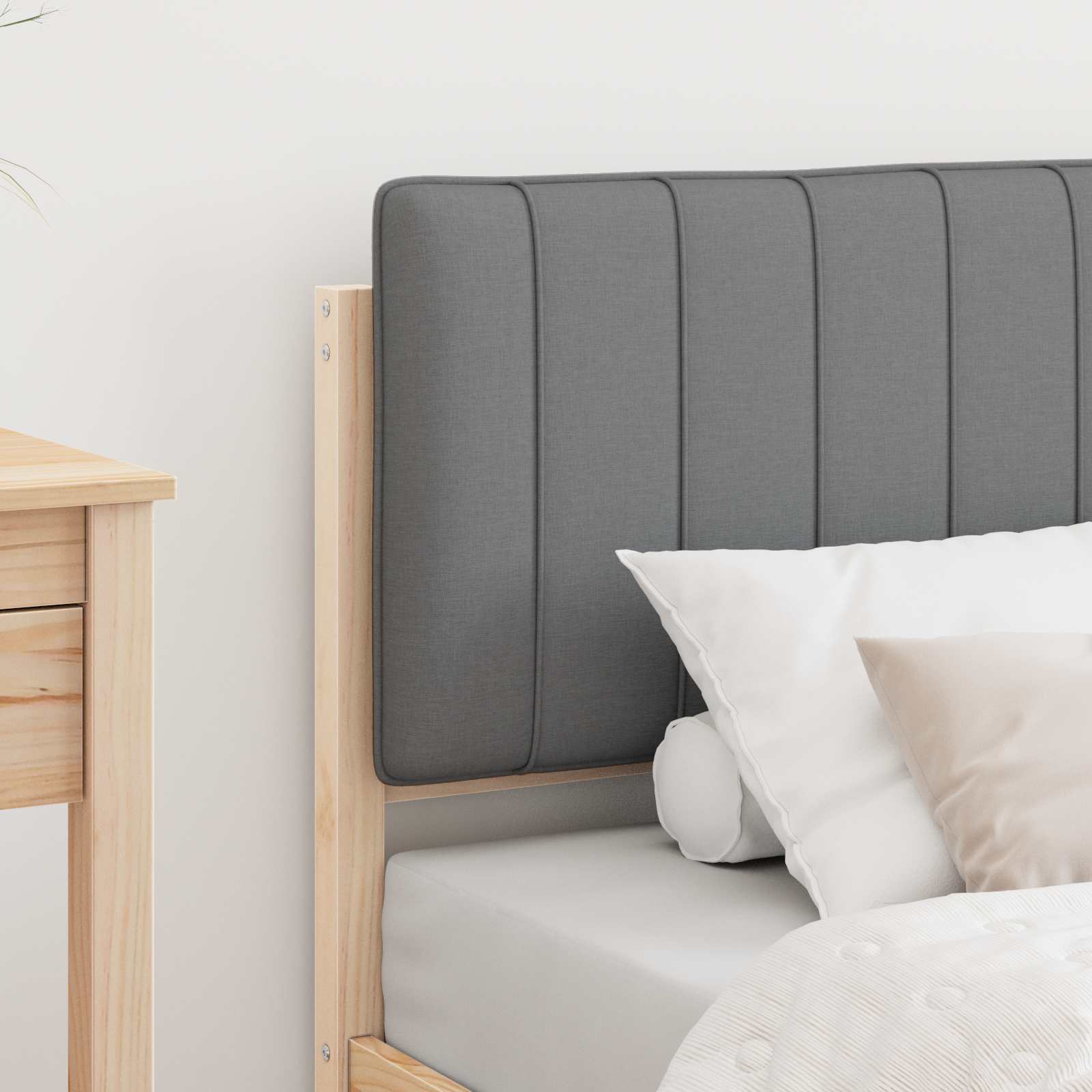 Estrutura de cama com cabeceira estofada cinzento-claro