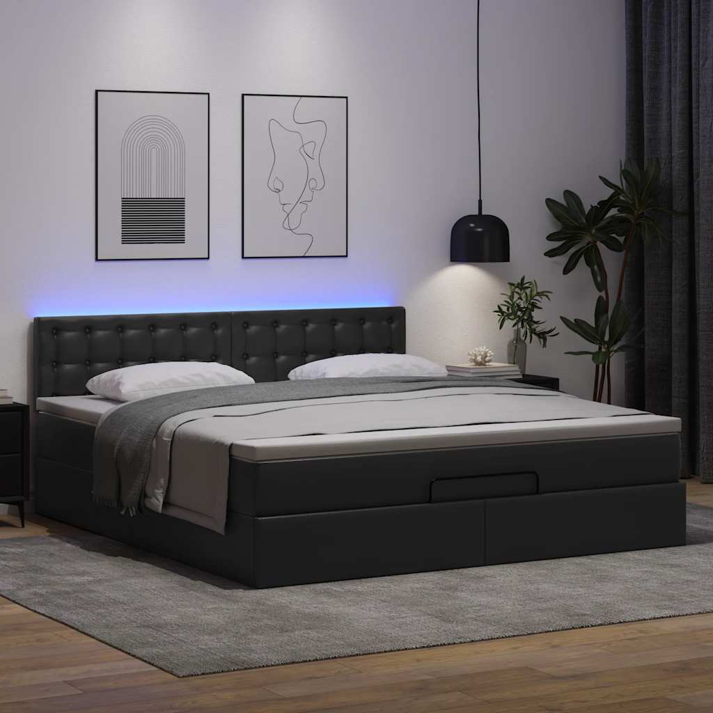 Cama otomana com colchões&leds 160x200cm couro artificial preto