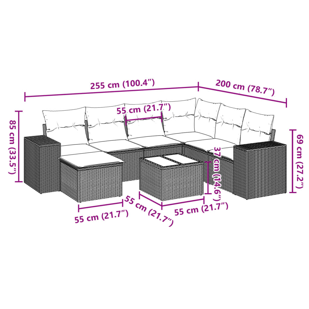 8 Pcs conjunto de sofás p/ jardim com almofadões vime PE bege