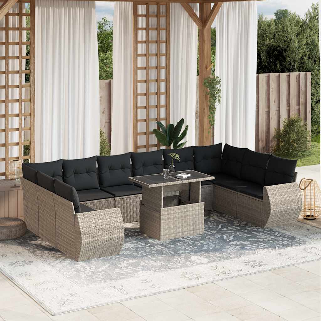 11 Pcs conjunto sofás de jardim c/ almofadões vime PE cinzento