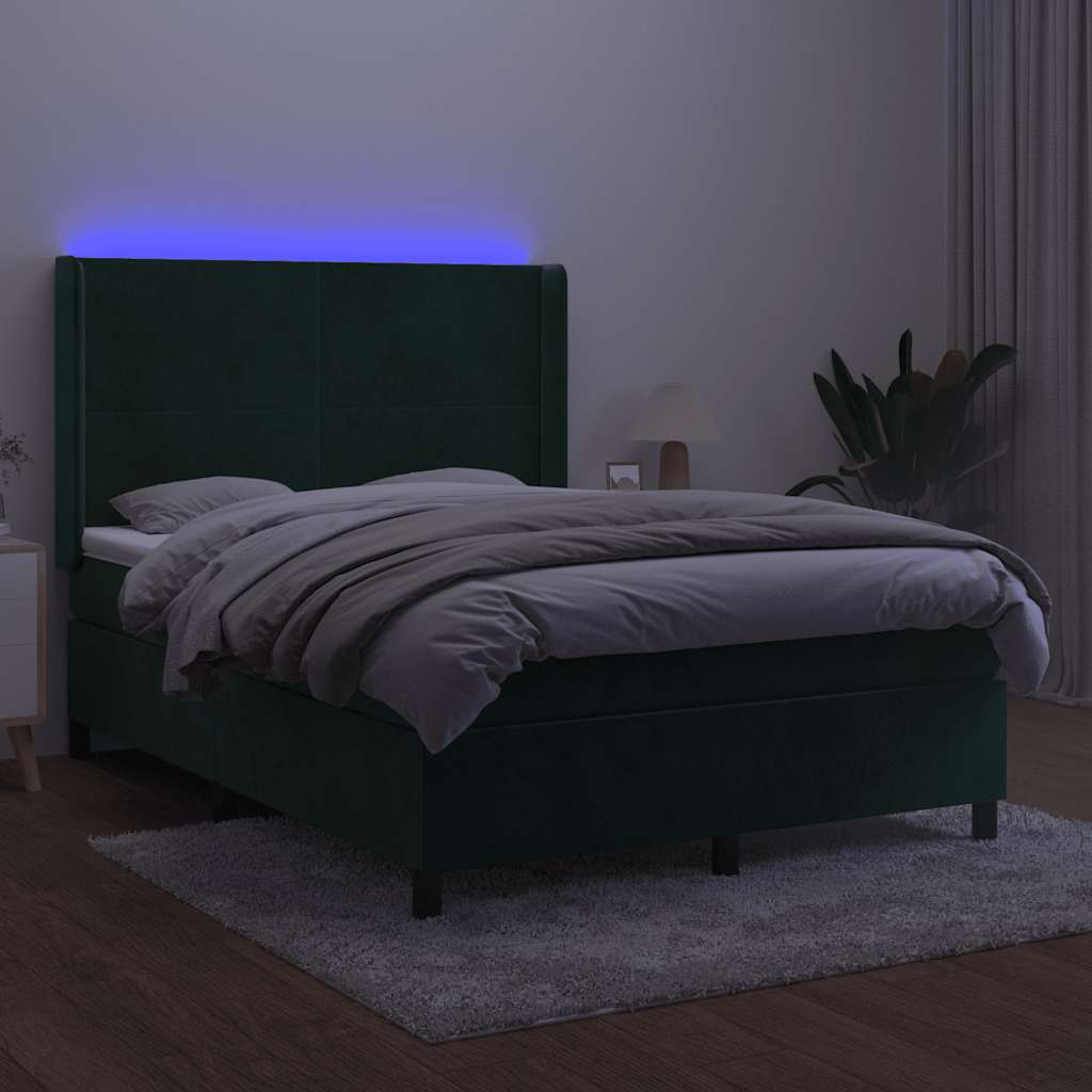 Cama box spring c/ colchão/LED 140x190 cm veludo verde-escuro