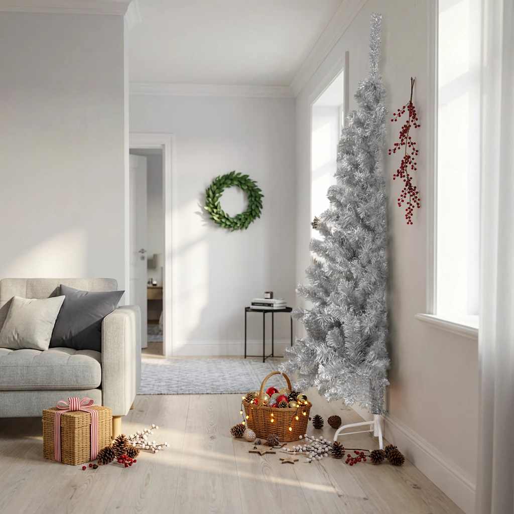 Meia árvore de natal artificial com suporte 210 cm PET prateado