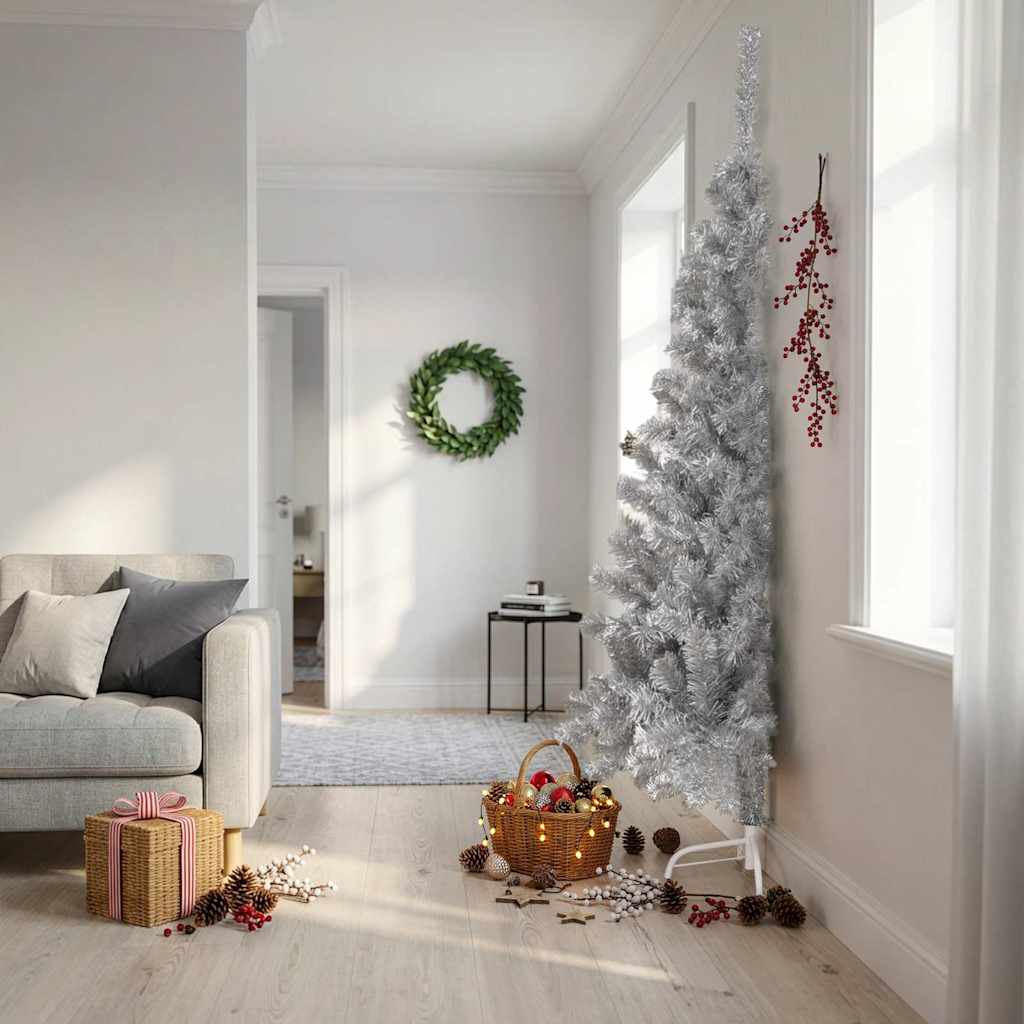 Meia árvore de natal artificial com suporte 210 cm PET prateado