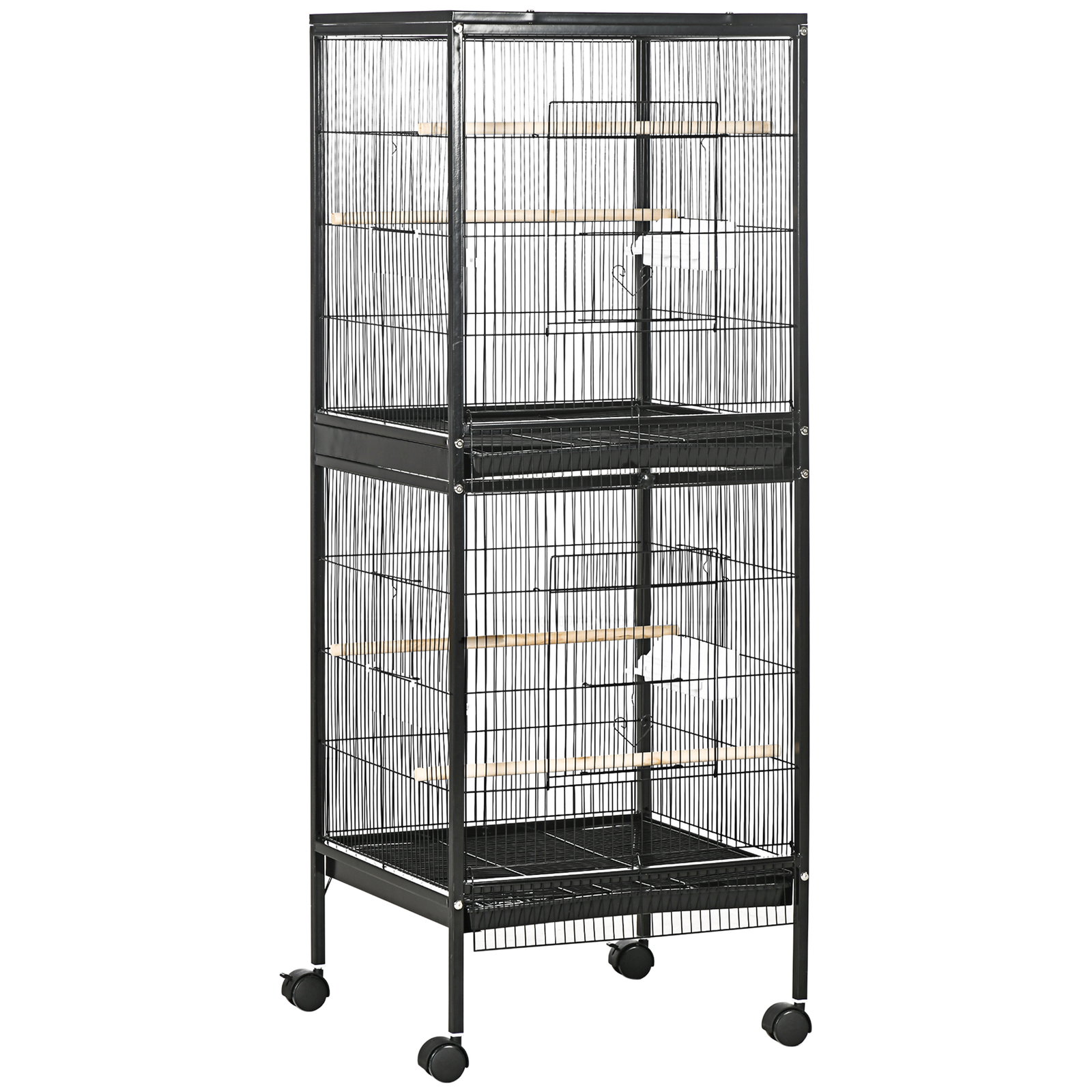 Gaiola para pássaros com rodas de 2 níveis com bandejas removíveis portas comedouros poleiros 51,5x50x140 cm preto