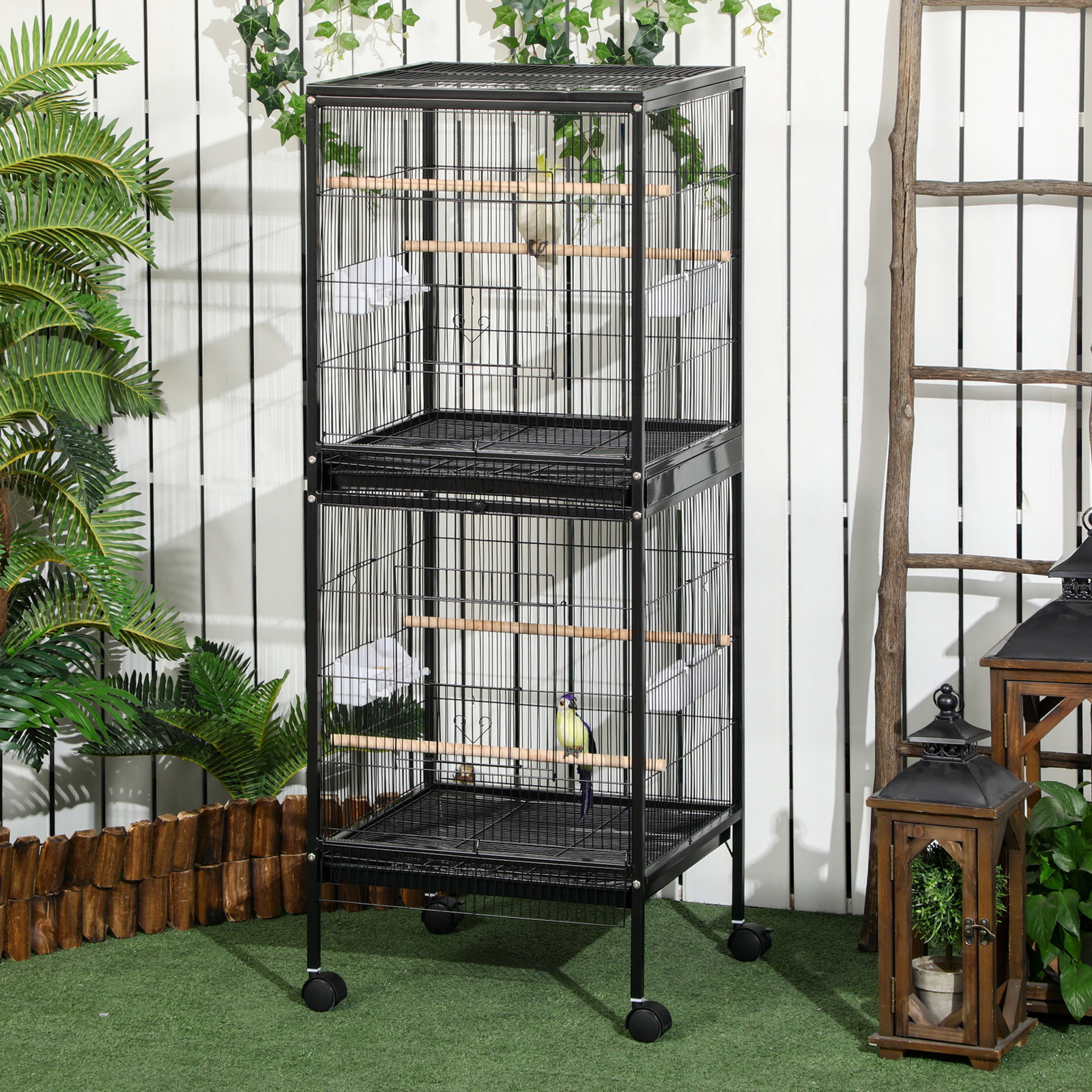 Gaiola para pássaros com rodas de 2 níveis com bandejas removíveis portas comedouros poleiros 51,5x50x140 cm preto