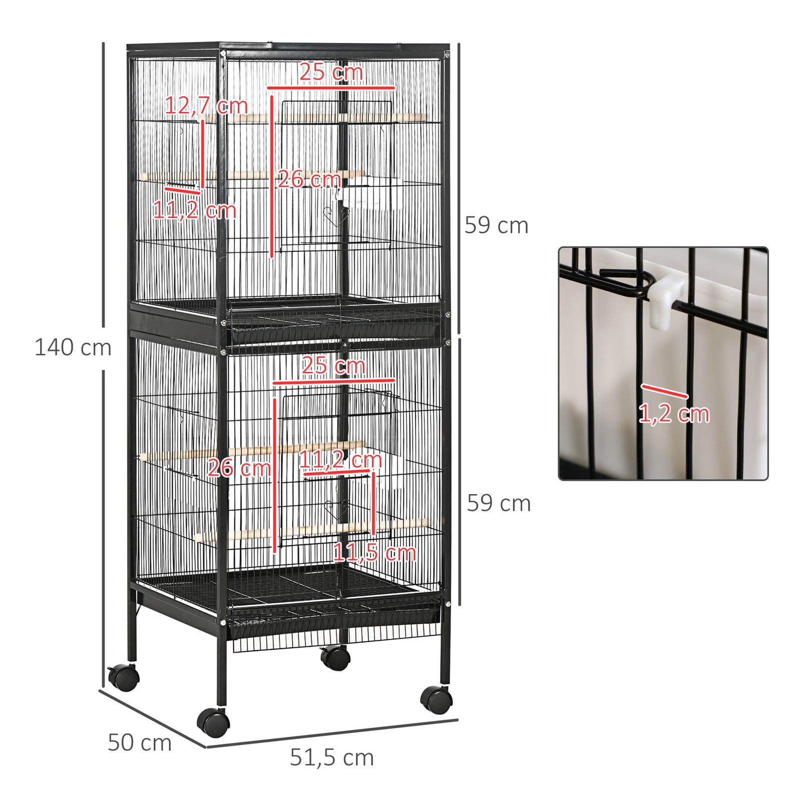 Gaiola para pássaros com rodas de 2 níveis com bandejas removíveis portas comedouros poleiros 51,5x50x140 cm preto