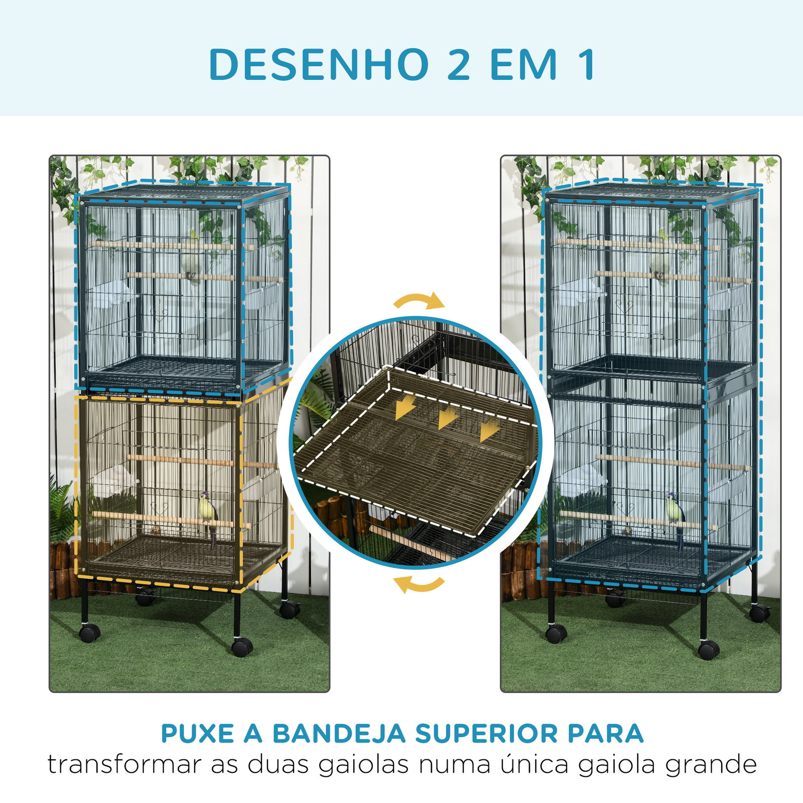 Gaiola para pássaros com rodas de 2 níveis com bandejas removíveis portas comedouros poleiros 51,5x50x140 cm preto