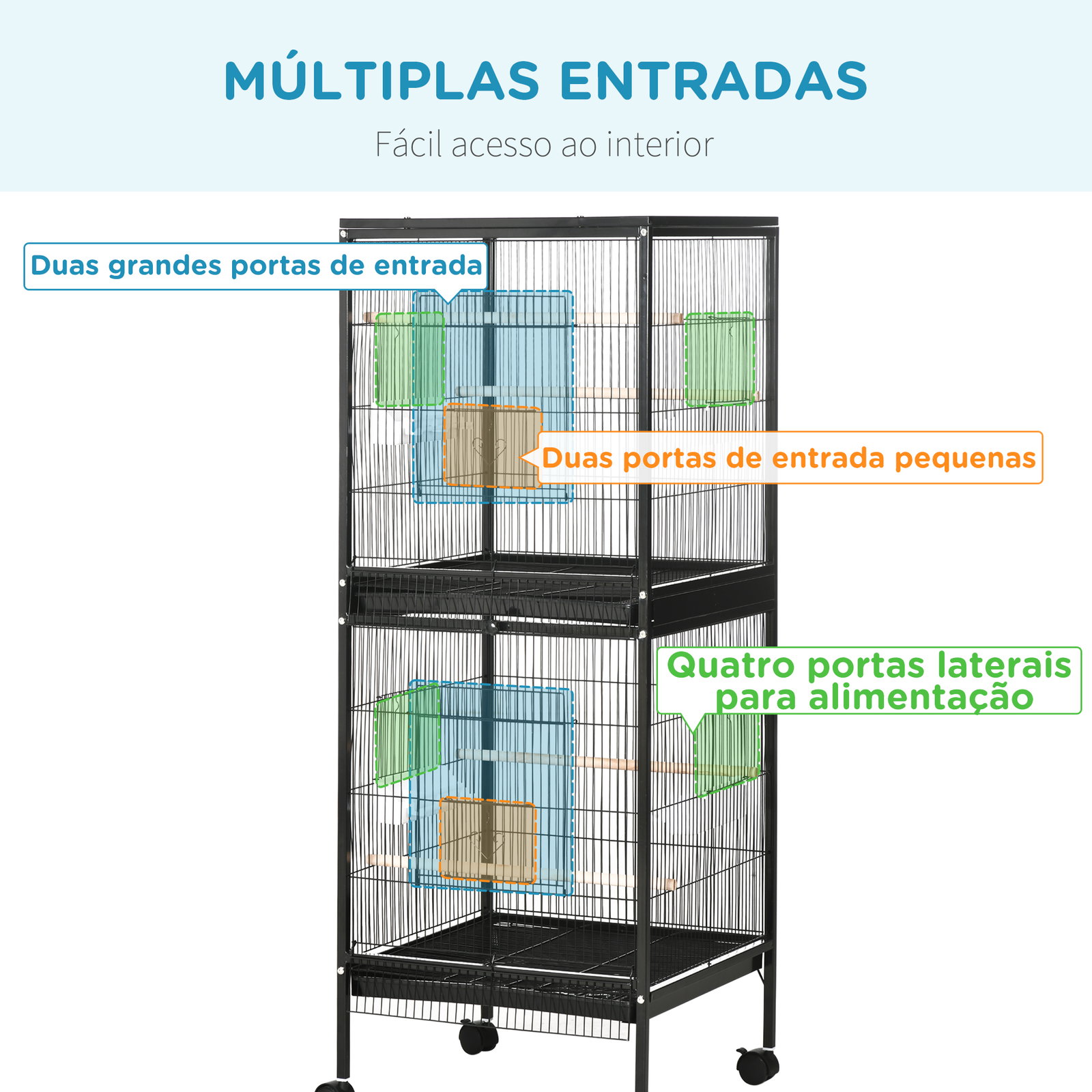 Gaiola para pássaros com rodas de 2 níveis com bandejas removíveis portas comedouros poleiros 51,5x50x140 cm preto