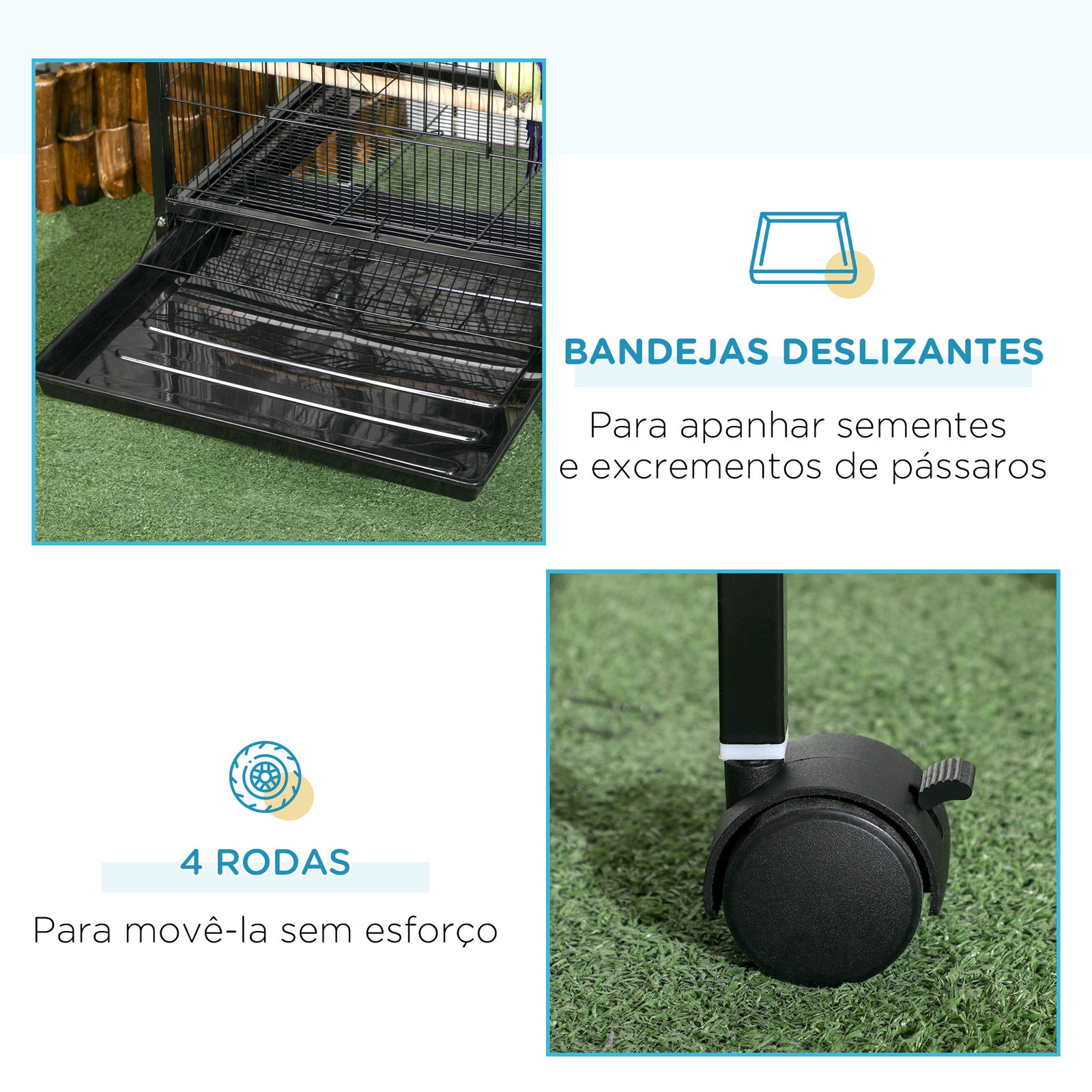 Gaiola para pássaros com rodas de 2 níveis com bandejas removíveis portas comedouros poleiros 51,5x50x140 cm preto