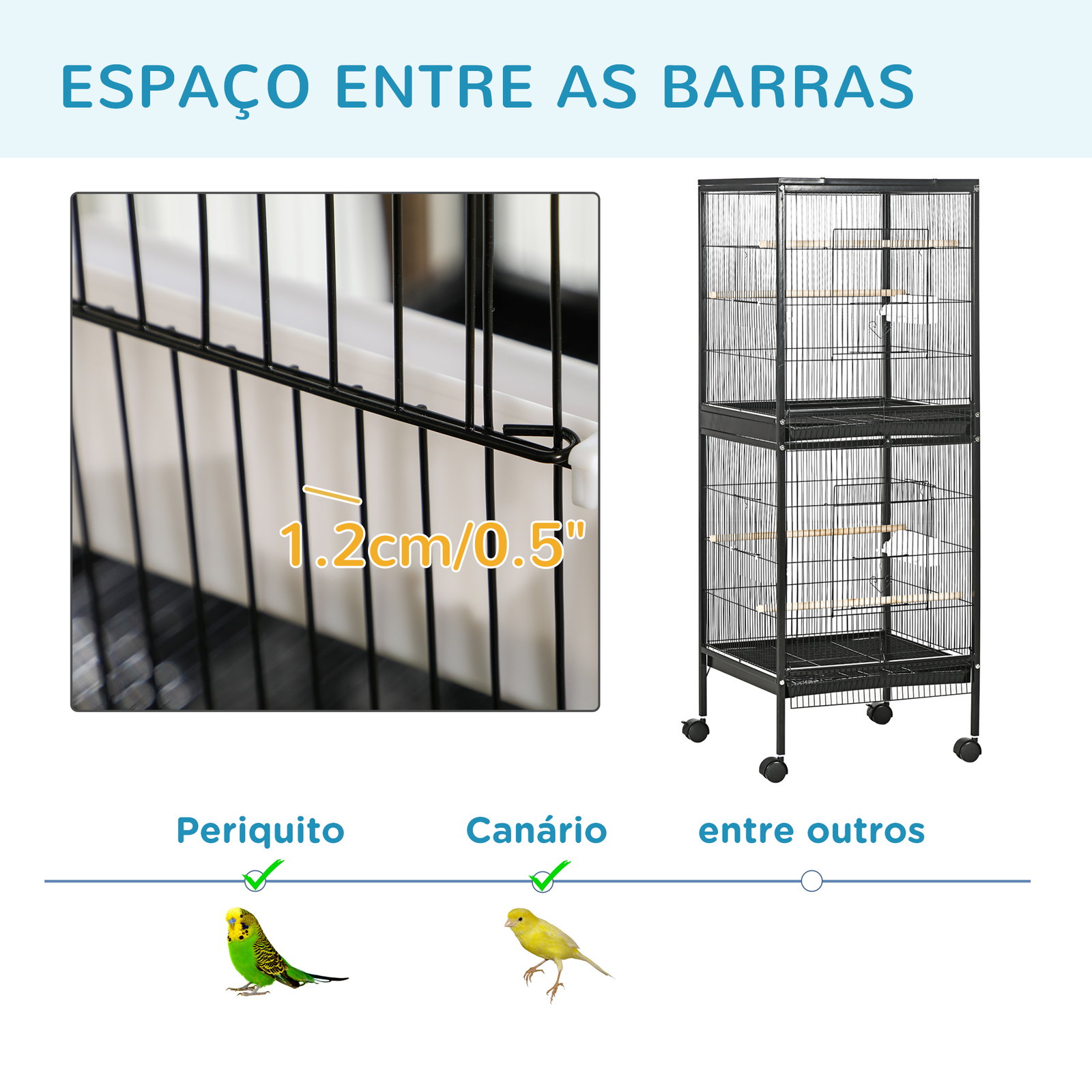Gaiola para pássaros com rodas de 2 níveis com bandejas removíveis portas comedouros poleiros 51,5x50x140 cm preto