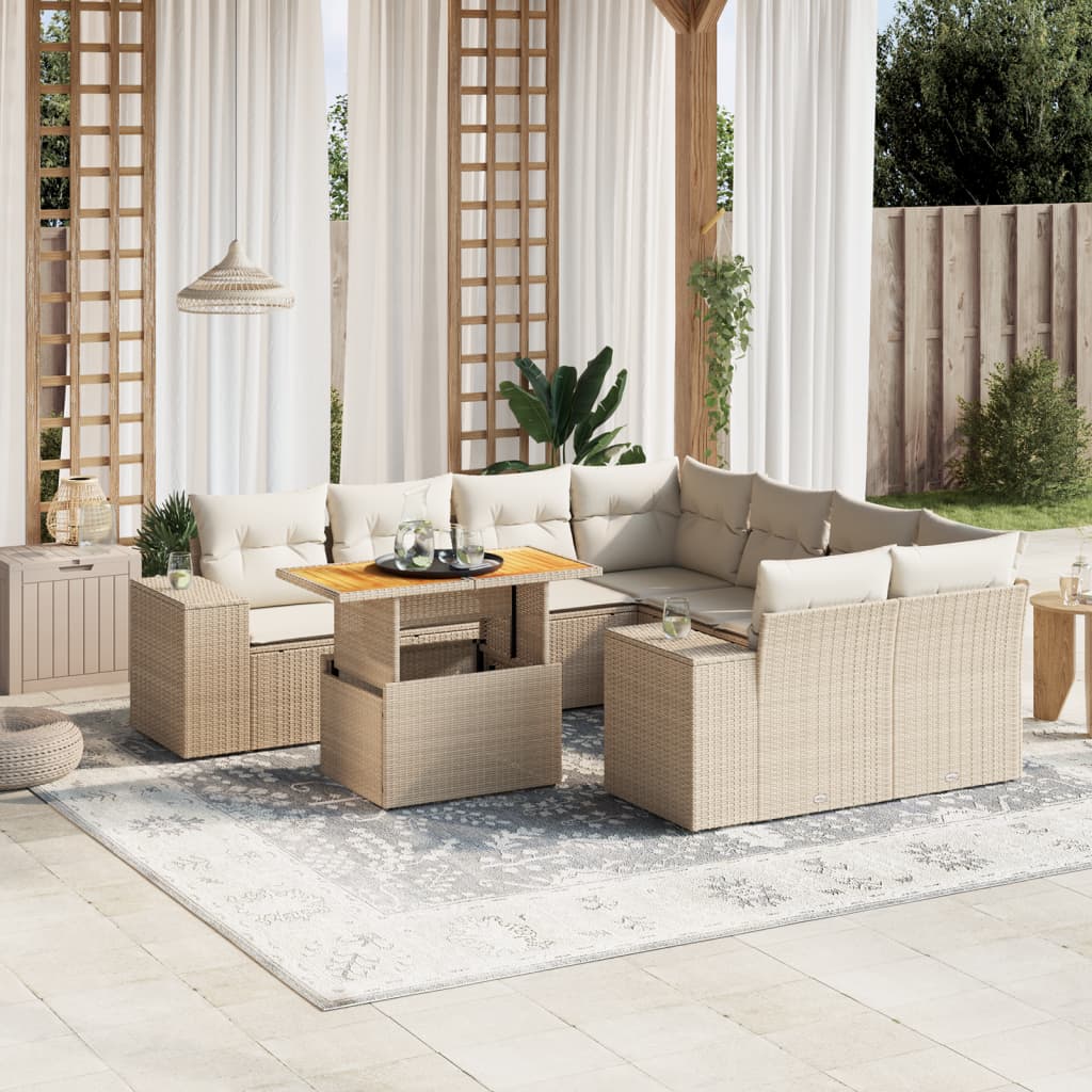 9 Pcs conjunto de sofás p/ jardim com almofadões vime PE bege