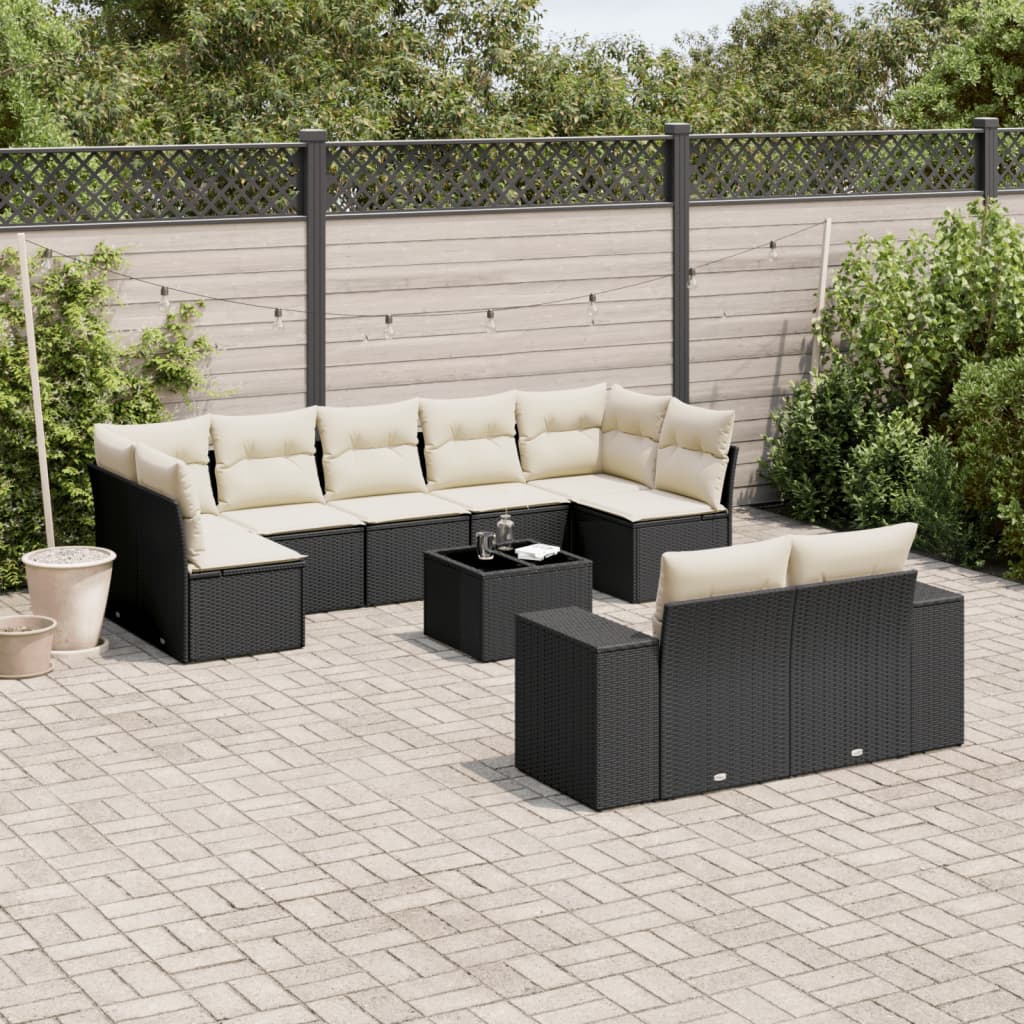 10 Pcs conjunto sofás de jardim c/ almofadões vime PE preto