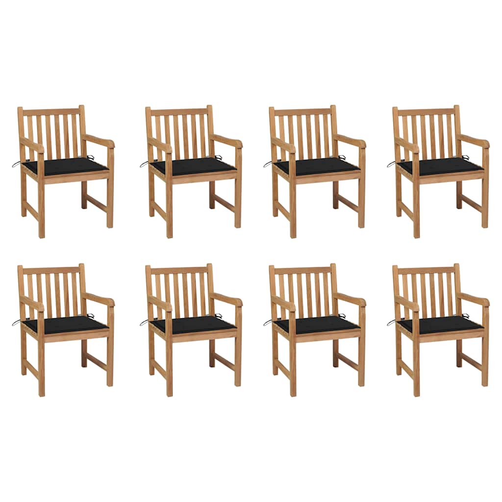 Cadeiras de jardim c/ almofadões preto 8 pcs teca maciça