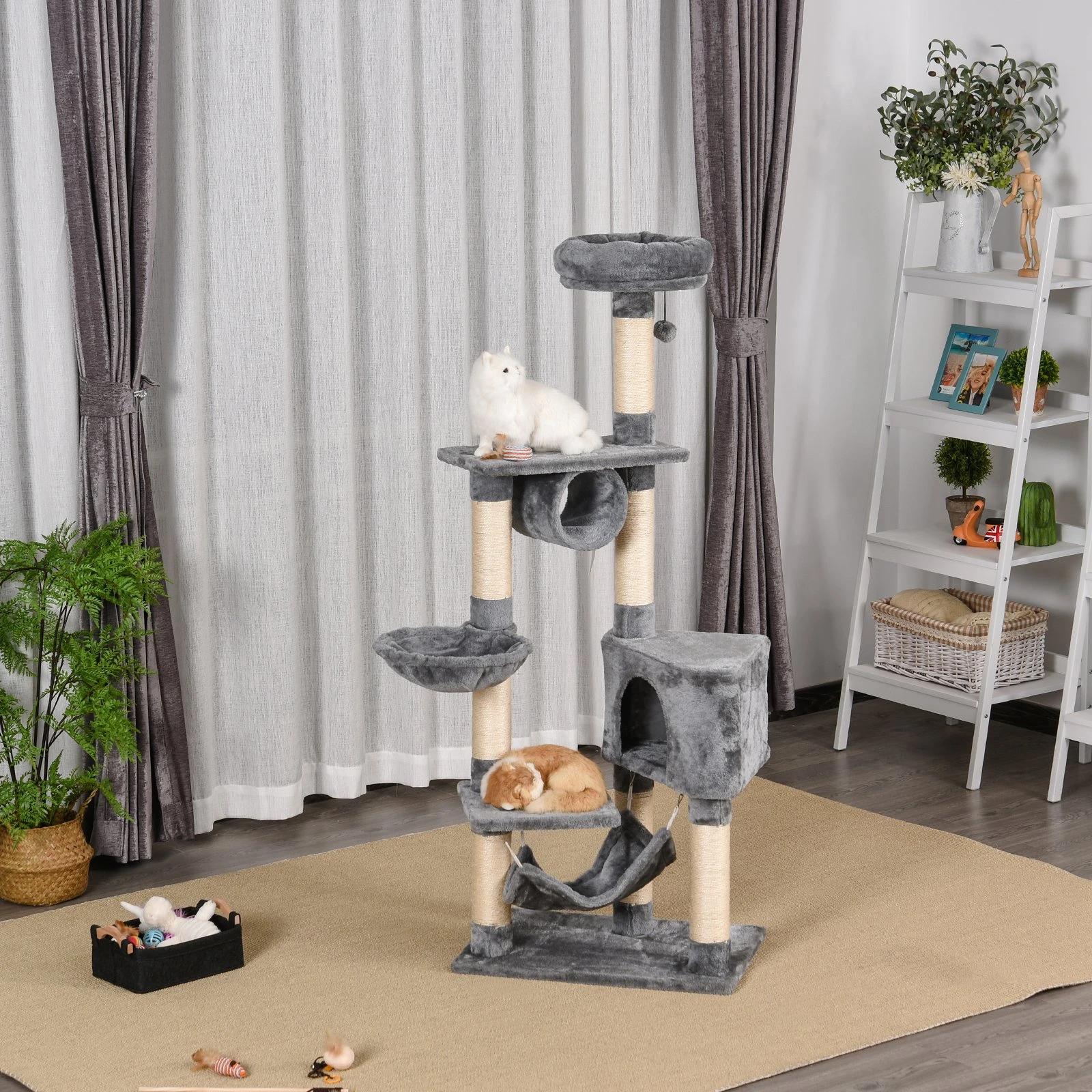 Árvore arranhador para gatos 154 cm de altura com plataformas túnel rede e postes de de sisal cinza
