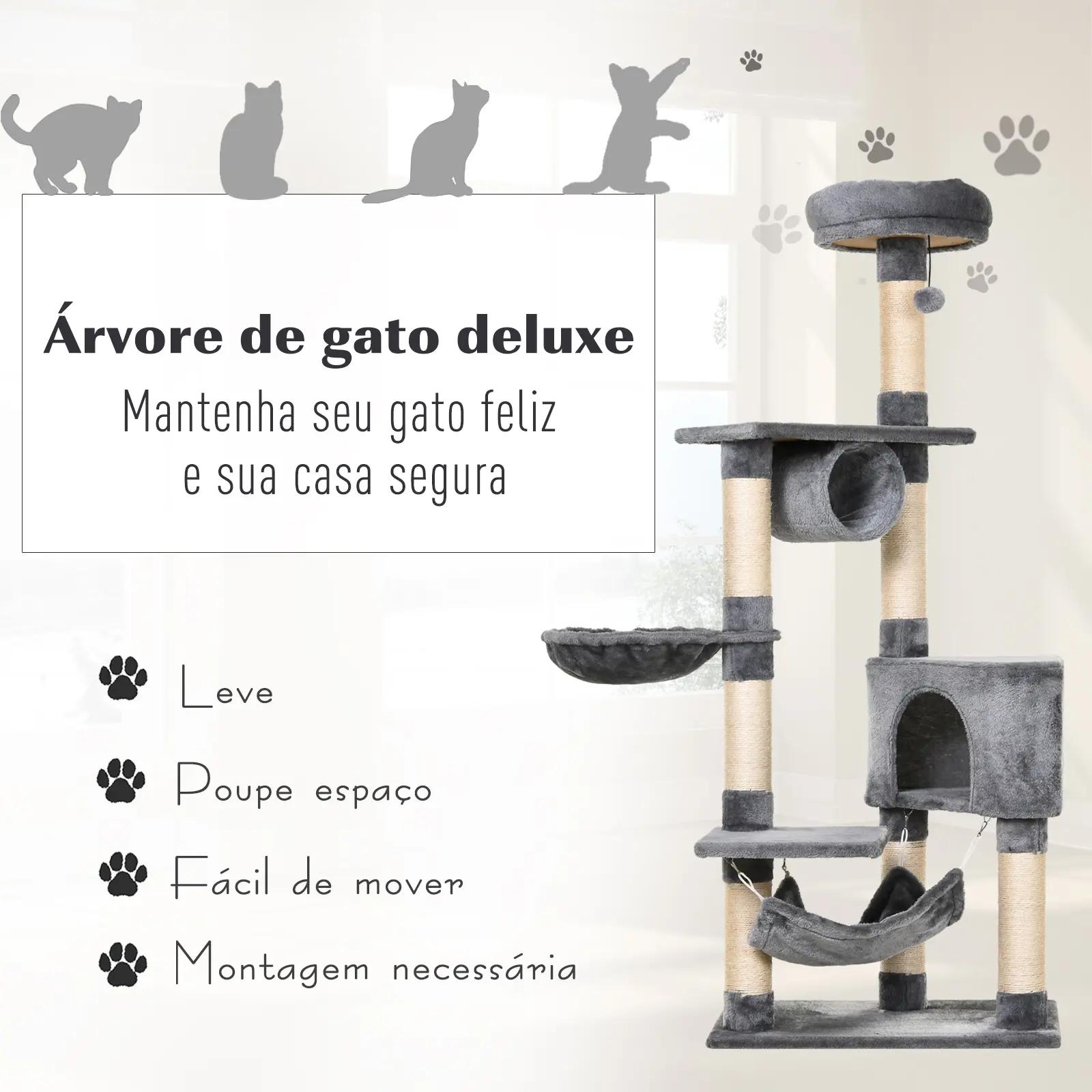 Árvore arranhador para gatos 154 cm de altura com plataformas túnel rede e postes de de sisal cinza