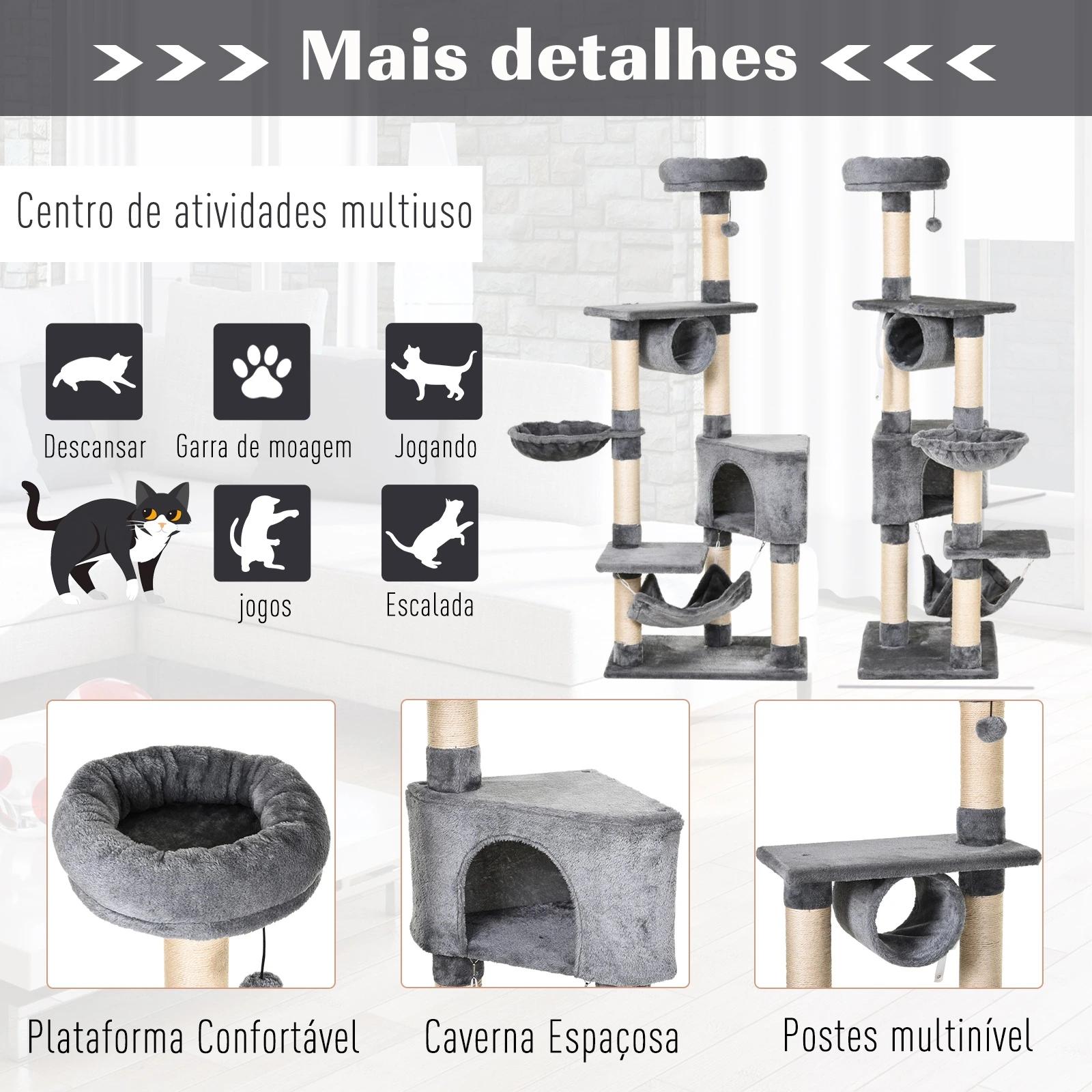 Árvore arranhador para gatos 154 cm de altura com plataformas túnel rede e postes de de sisal cinza