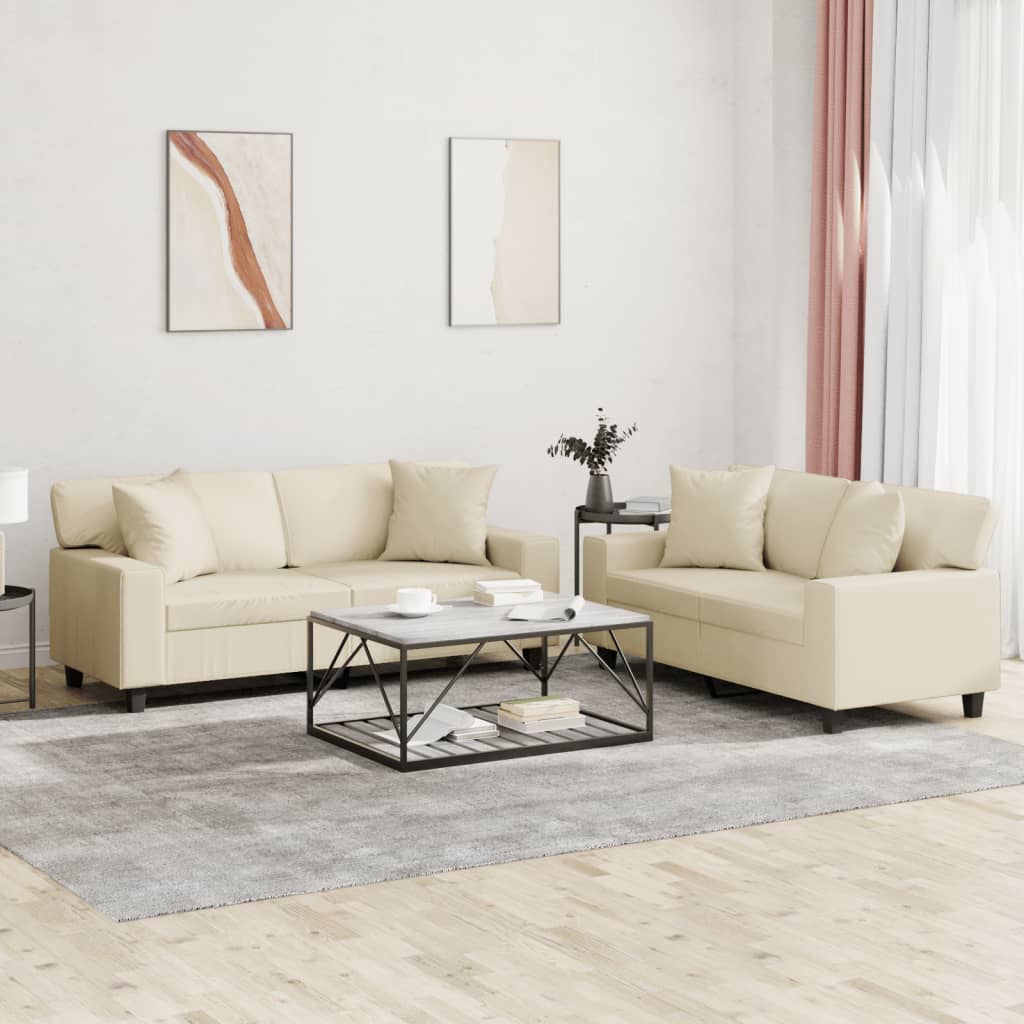 2 Pcs conjunto de sofás com almofadas couro artificial creme