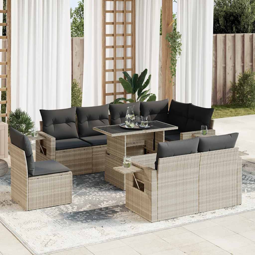 9 Pcs conj. sofás jardim com almofadões vime PE cinzento-claro