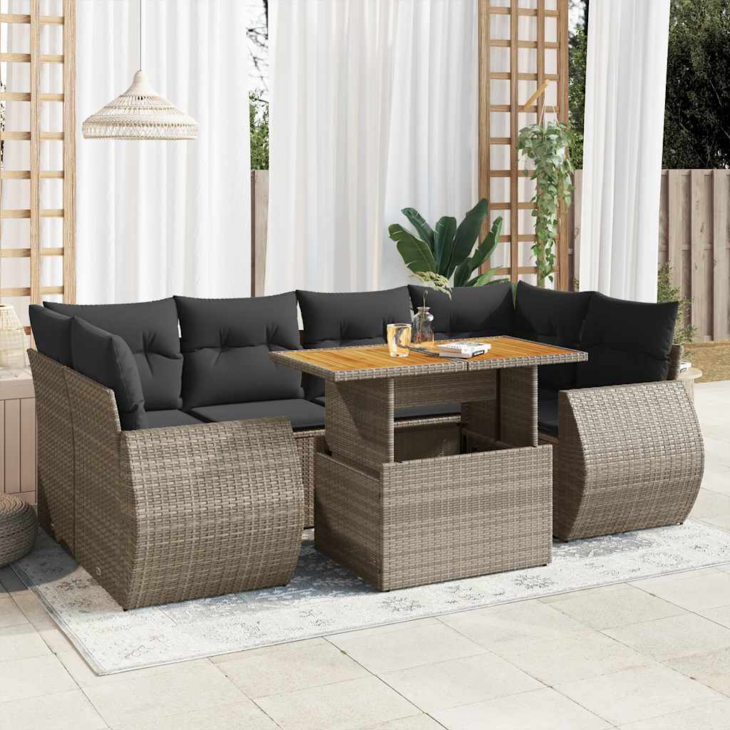 7 Pcs conjunto sofás p/ jardim c/ almofadões vime PE cinzento