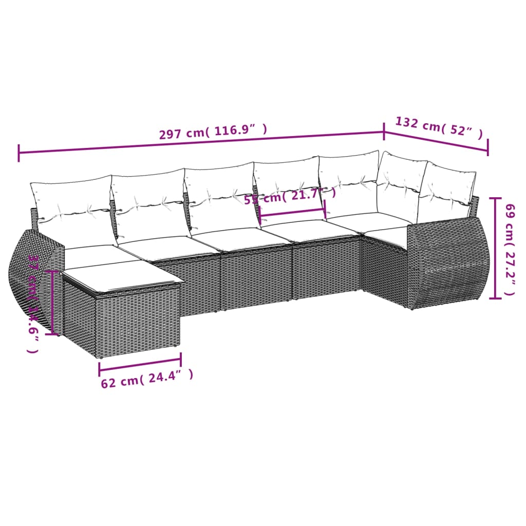 7 Pcs conjunto de sofás p/ jardim c/ almofadões vime PE preto