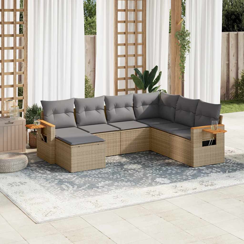 7 Pcs conjunto de sofás p/ jardim com almofadões vime PE bege