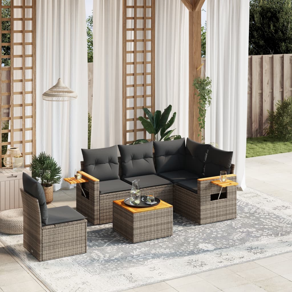 6 Pcs conjunto sofás de jardim com almofadões vime cinzento