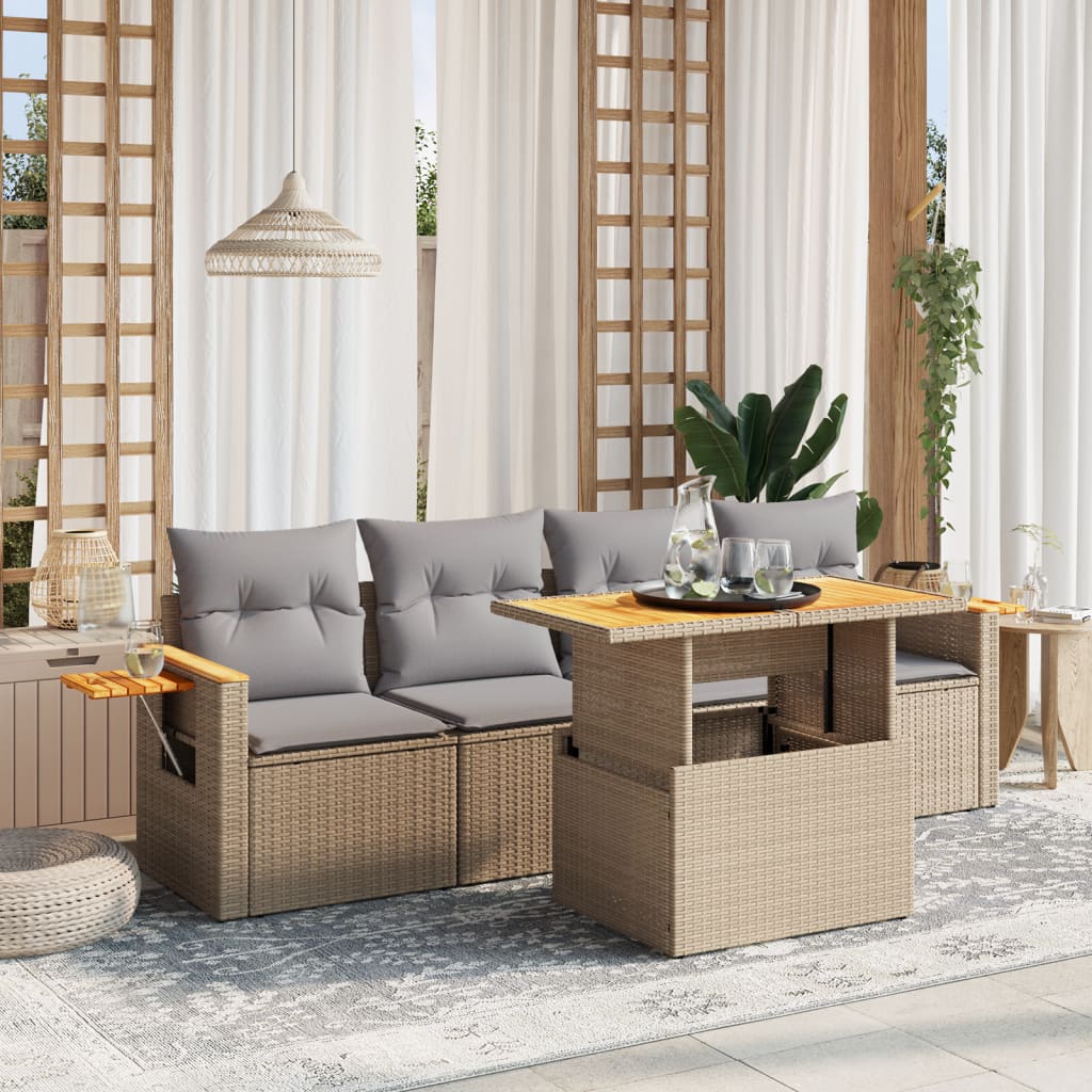 5 Pcs conjunto de sofás p/ jardim com almofadões vime PE bege
