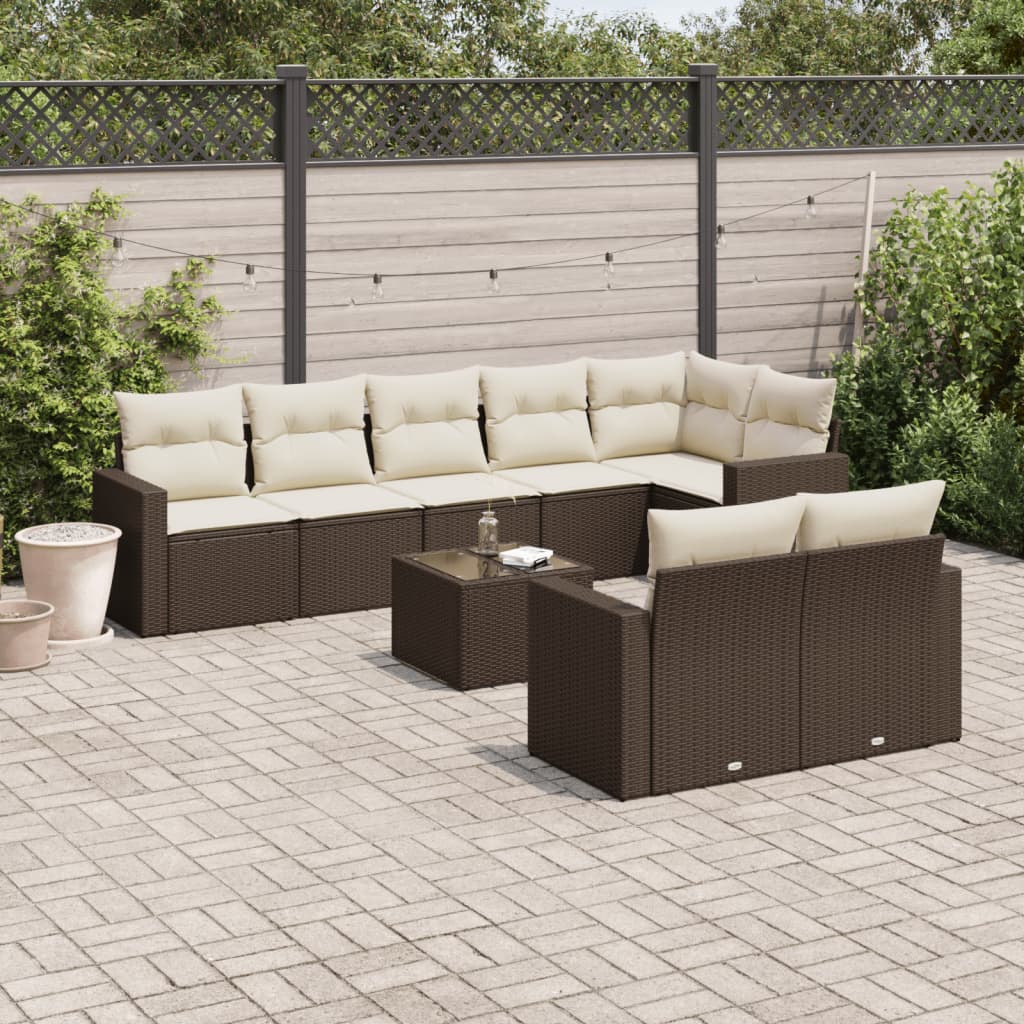 9 Pcs conjunto sofás p/ jardim c/ almofadões vime PE castanho