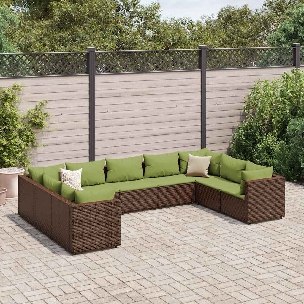 9 Pcs conjunto lounge de jardim c/ almofadões vime PE castanho