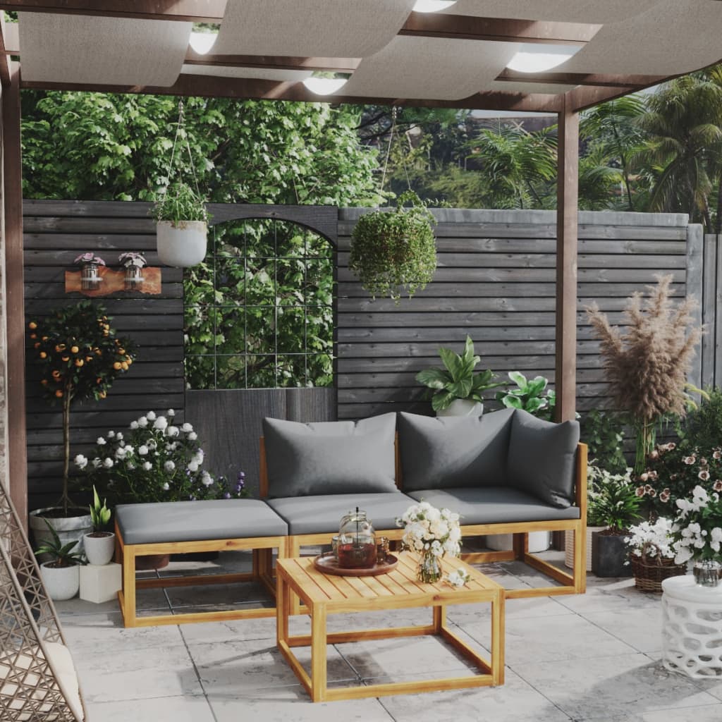 4 Pcs conjunto lounge de jardim c/ almofadões acácia maciça