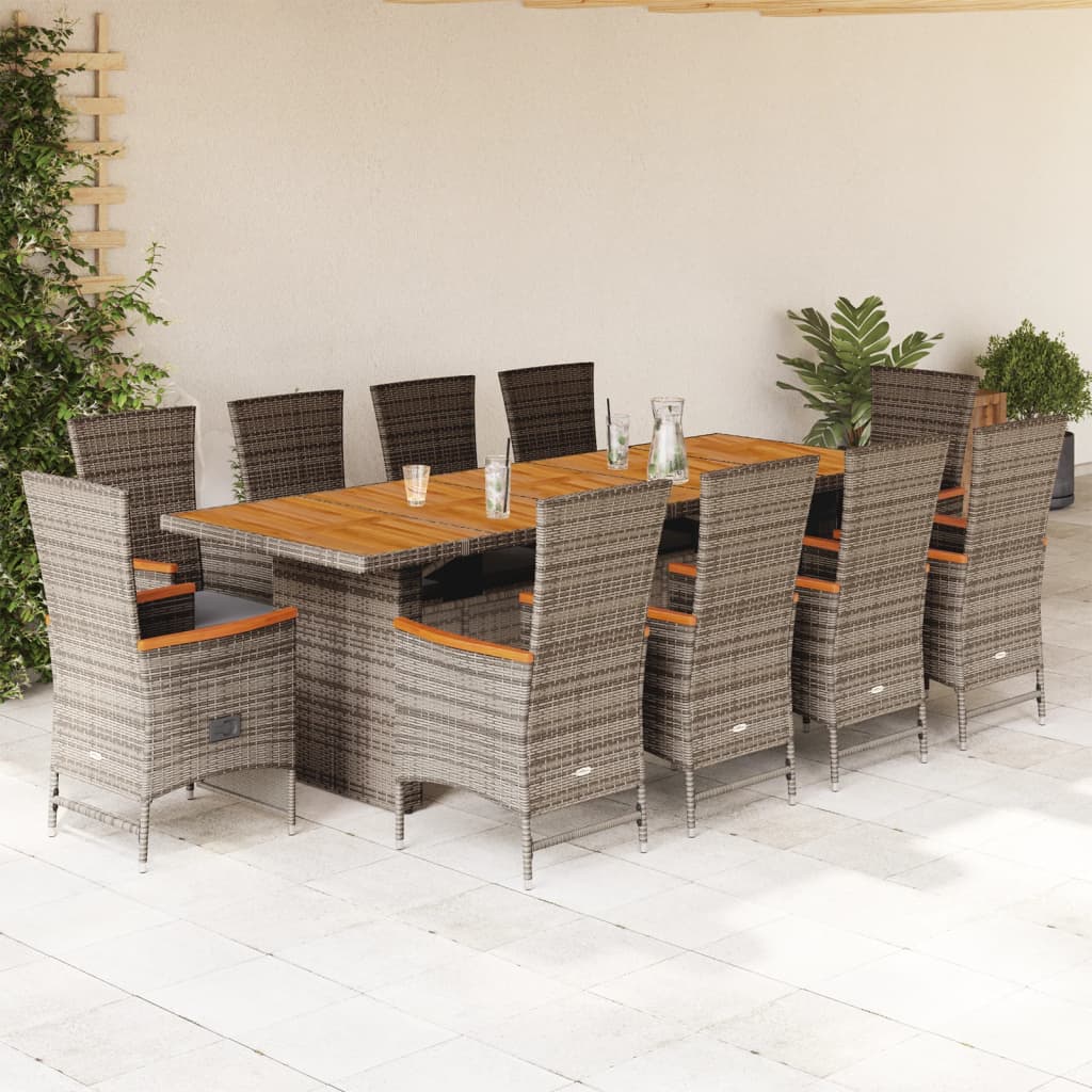 11 Pcs conjunto jantar p/ jardim c/ almofadões vime PE cinzento