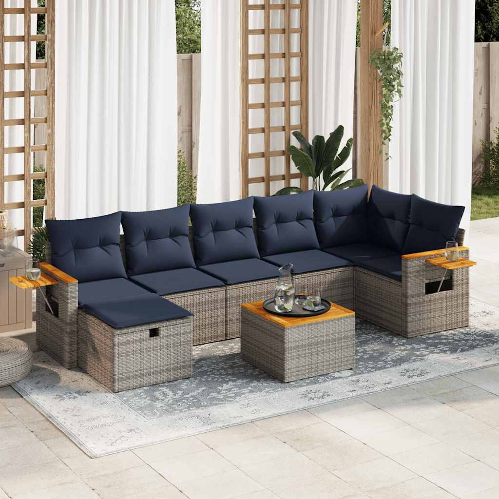 8 Pcs conjunto sofás de jardim c/ almofadões vime PE cinzento