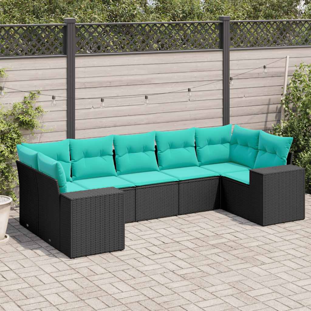 Conjunto de sofá de jardim com 7 peças e almofadas em rattan sintético preto