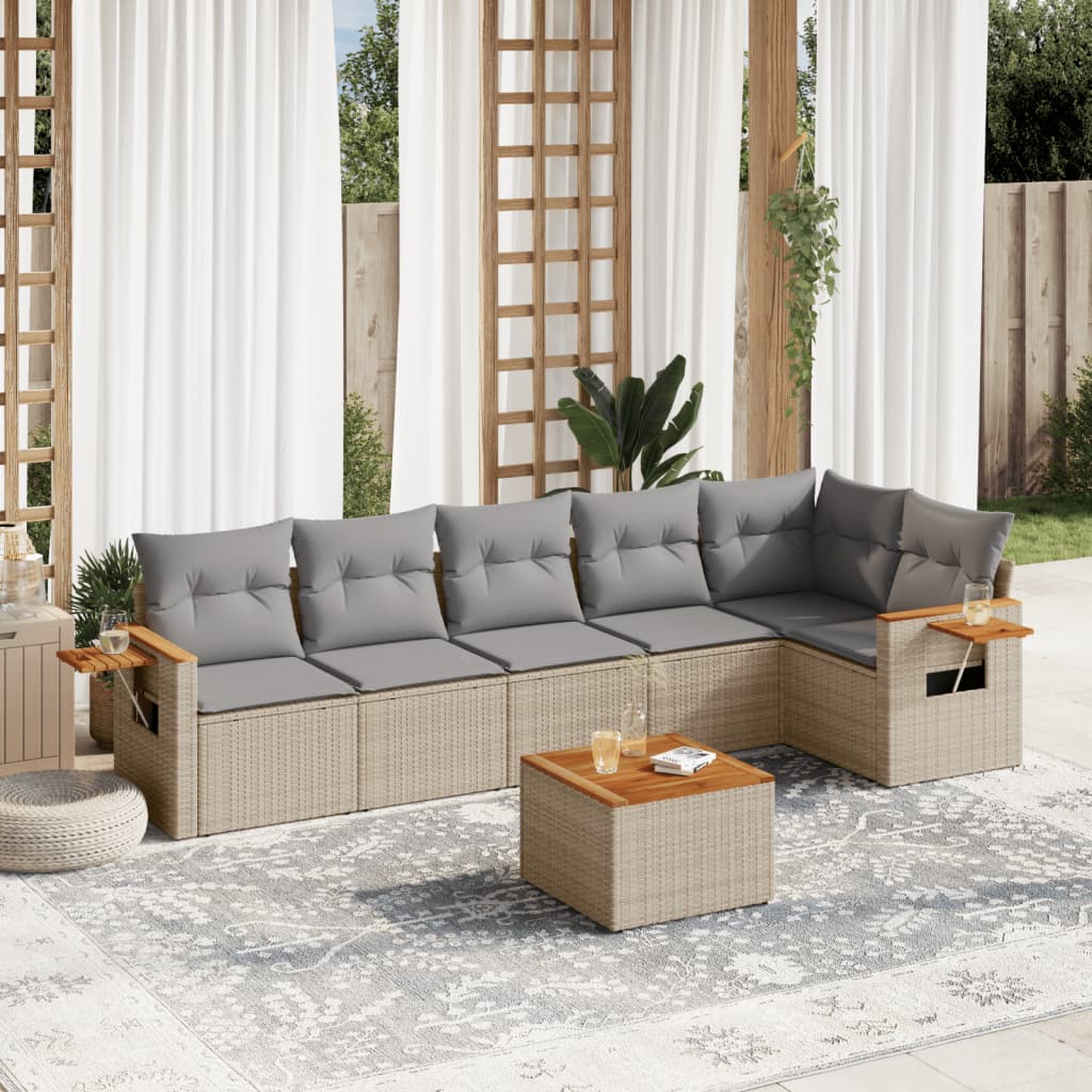 7 Pcs conjunto de sofás p/ jardim com almofadões vime PE bege