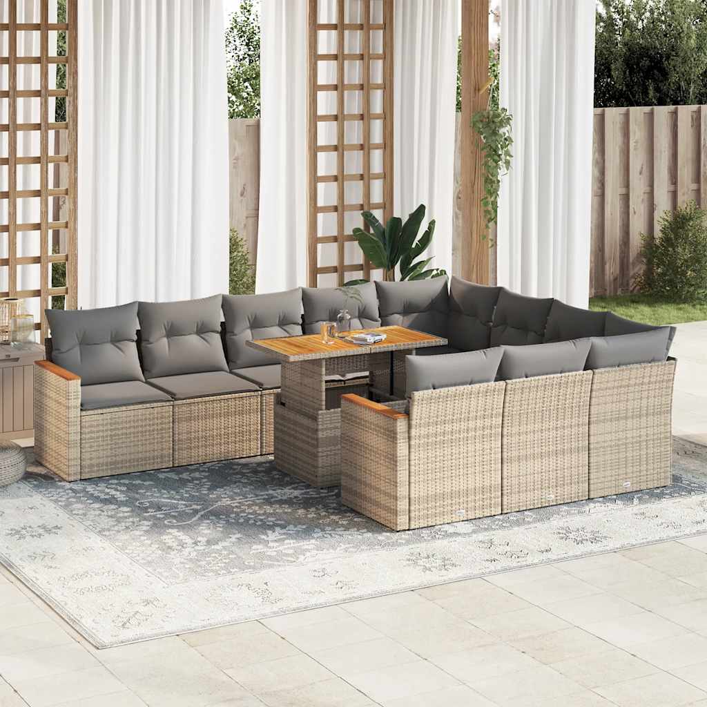 11 Pcs conjunto sofás jardim c/ almofadões vime PE/acácia bege