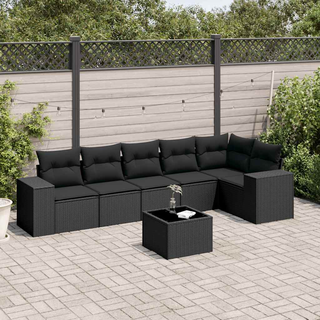 7 Pcs conjunto de sofás p/ jardim c/ almofadões vime PE preto