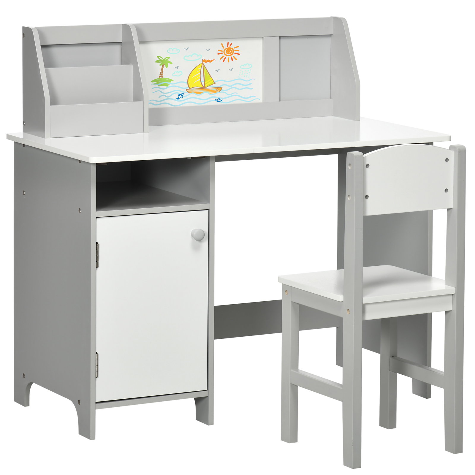Conjunto de mesa e cadeira infantil de madeira com quadro branco mesa de estudo para crianças acima de 5 anos 90x45x85cm cinza