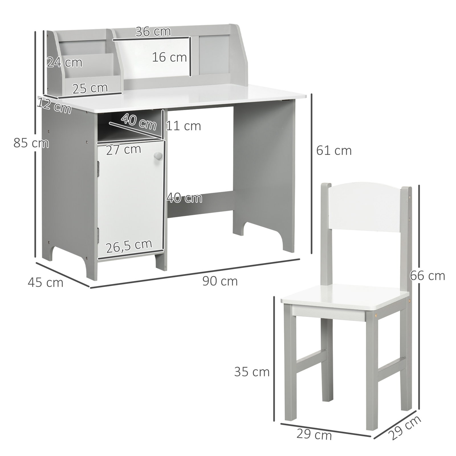 Conjunto de mesa e cadeira infantil de madeira com quadro branco mesa de estudo para crianças acima de 5 anos 90x45x85cm cinza