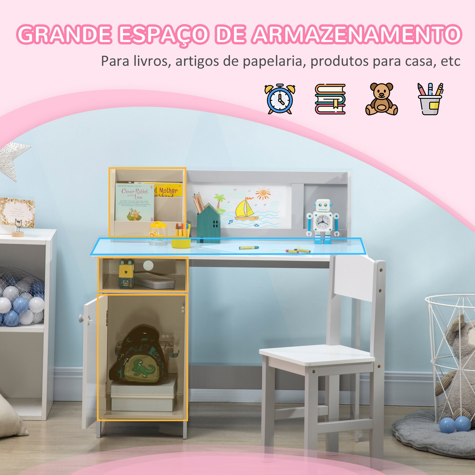 Conjunto de mesa e cadeira infantil de madeira com quadro branco mesa de estudo para crianças acima de 5 anos 90x45x85cm cinza