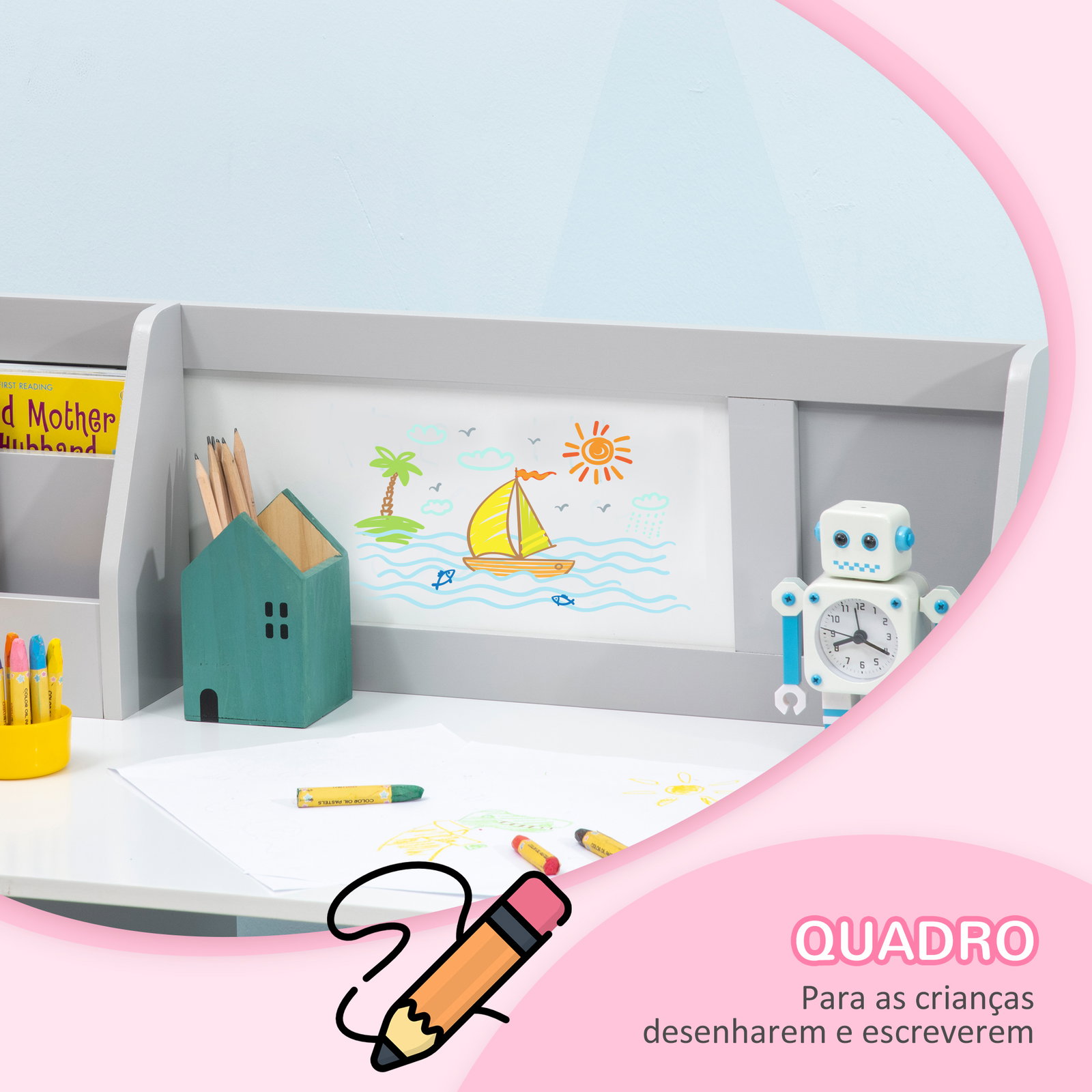 Conjunto de mesa e cadeira infantil de madeira com quadro branco mesa de estudo para crianças acima de 5 anos 90x45x85cm cinza