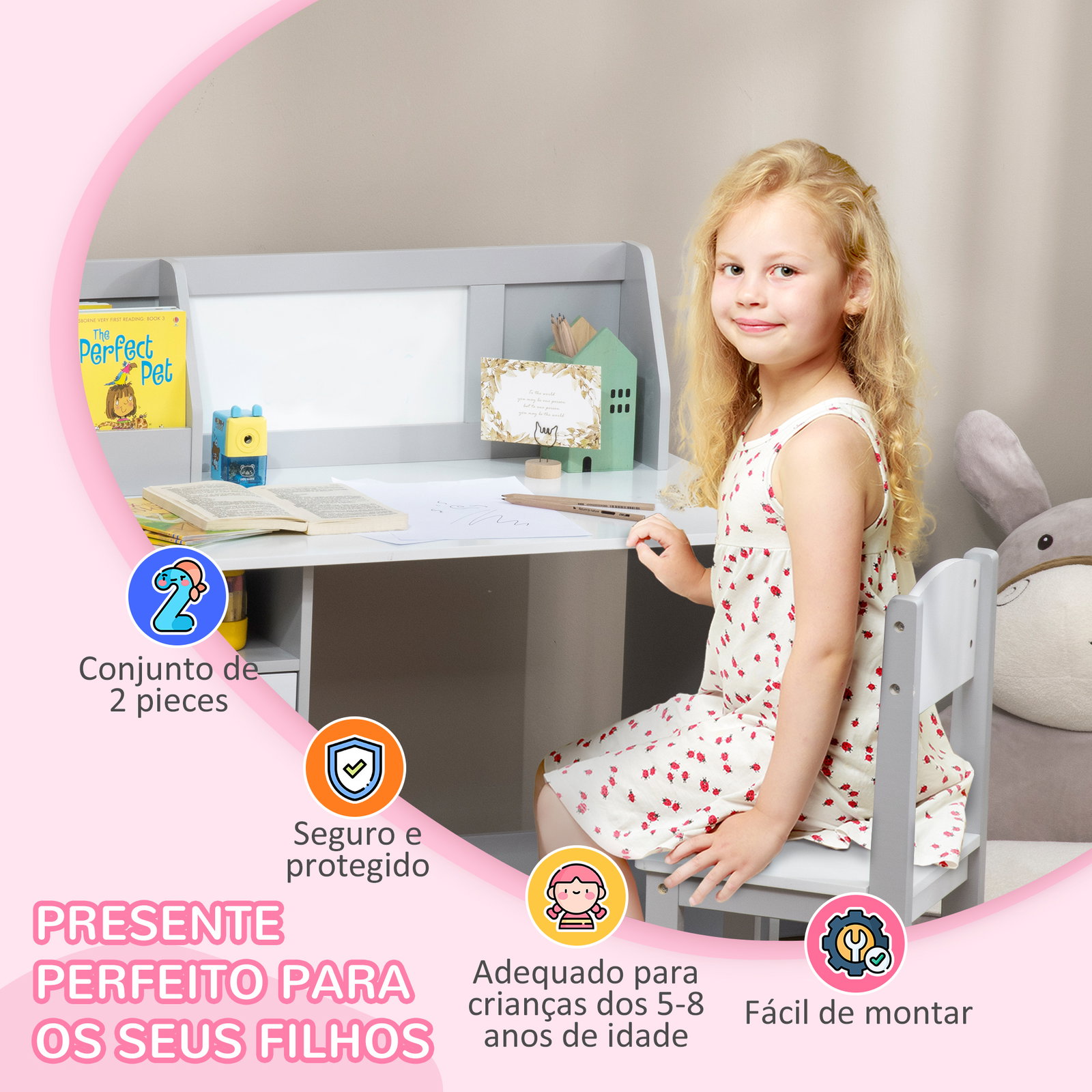 Conjunto de mesa e cadeira infantil de madeira com quadro branco mesa de estudo para crianças acima de 5 anos 90x45x85cm cinza
