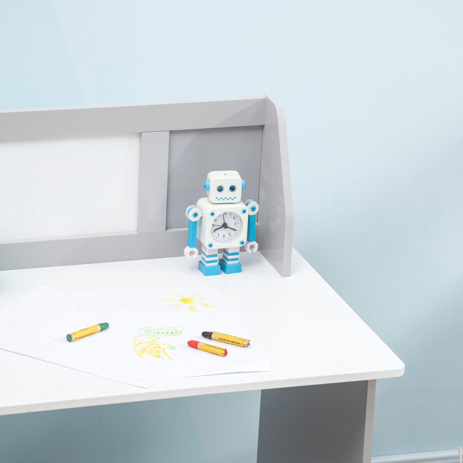 Conjunto de mesa e cadeira infantil de madeira com quadro branco mesa de estudo para crianças acima de 5 anos 90x45x85cm cinza