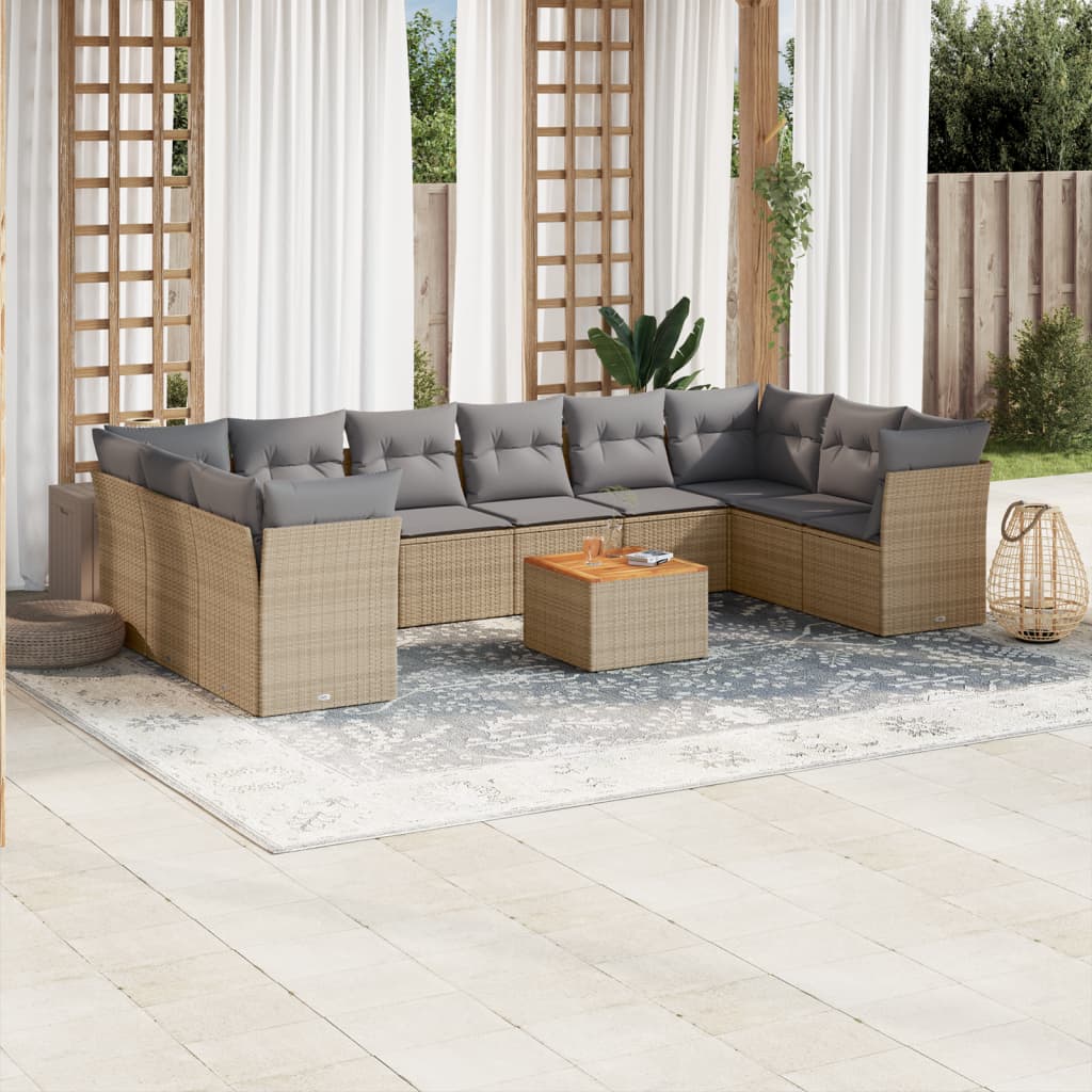 11 Pcs conjunto sofás de jardim c/ almofadões vime PE bege