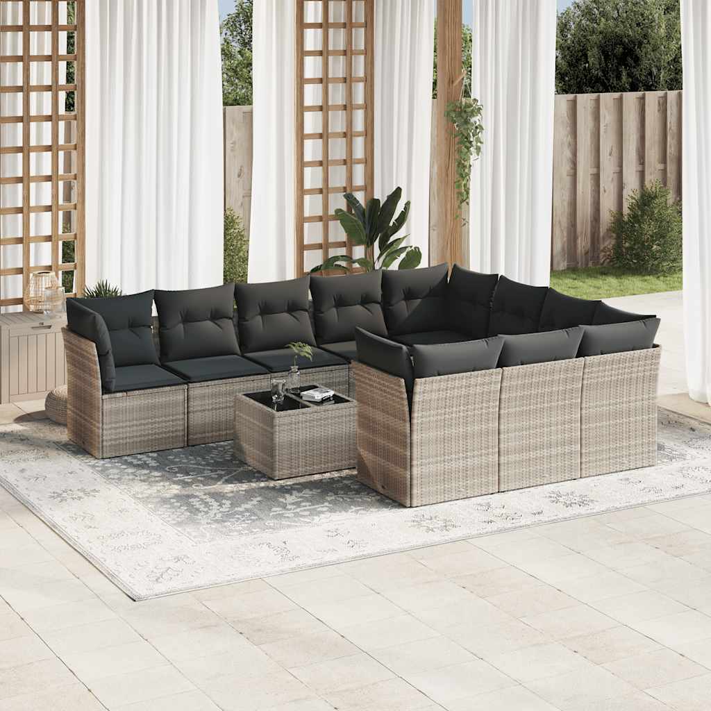 11 Pcs conjunto sofás de jardim c/ almofadões vime PE cinzento