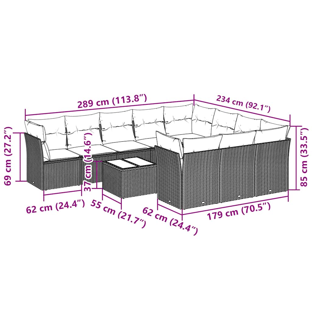 11 Pcs conjunto sofás de jardim c/ almofadões vime PE cinzento