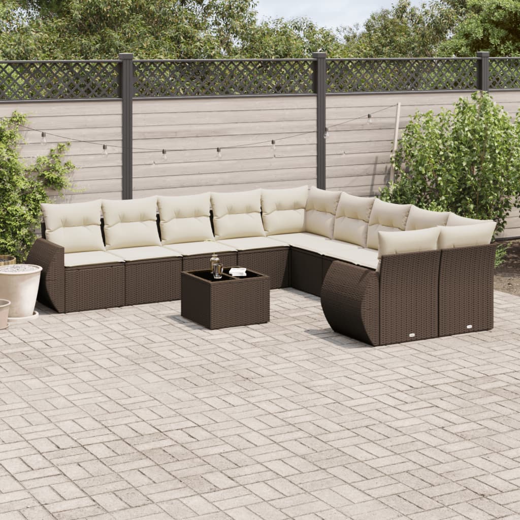 11 Pcs conjunto sofás de jardim c/ almofadões vime PE castanho
