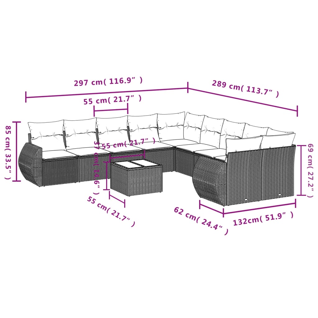 11 Pcs conjunto sofás de jardim c/ almofadões vime PE castanho