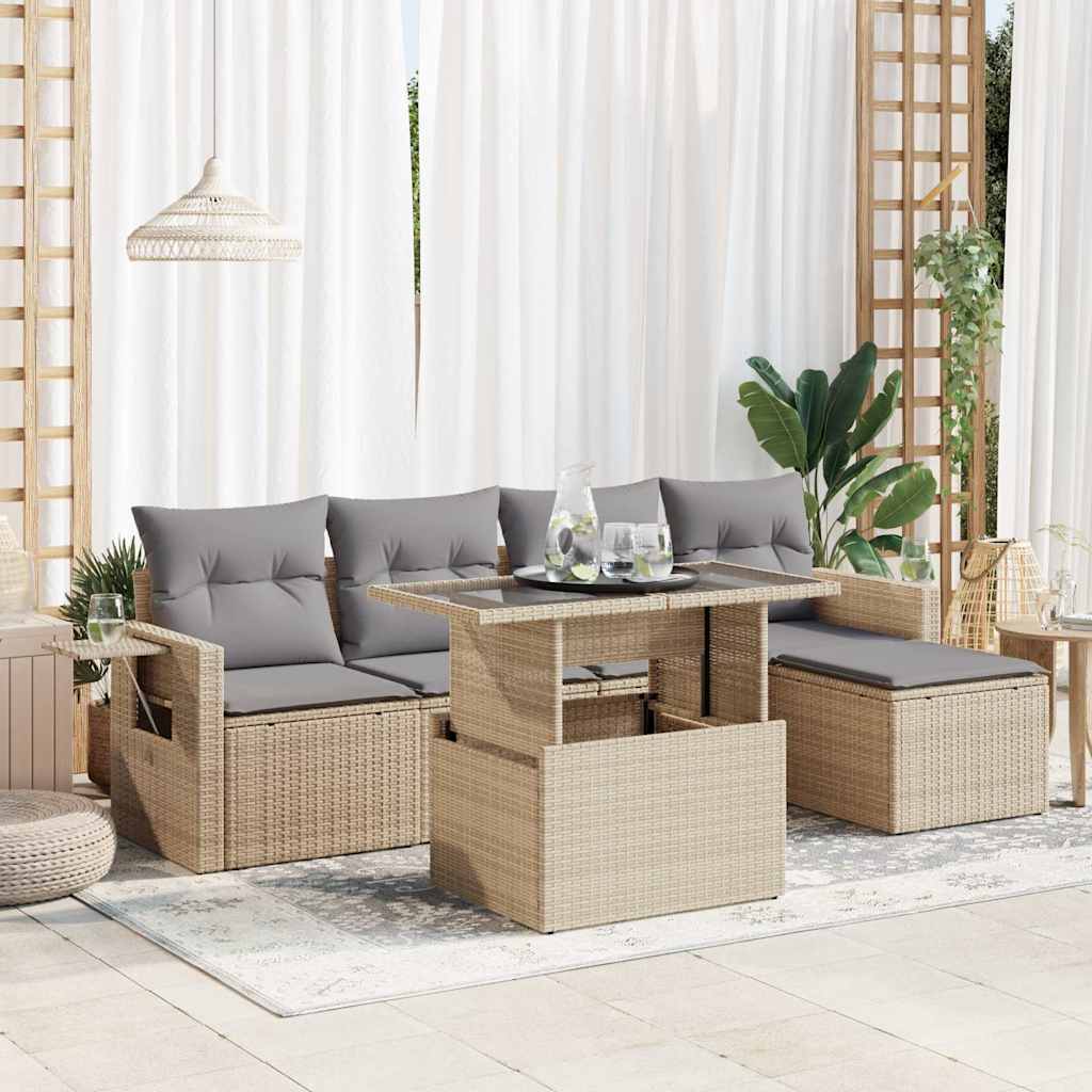 6 Pcs conjunto de sofás p/ jardim com almofadões vime PE bege