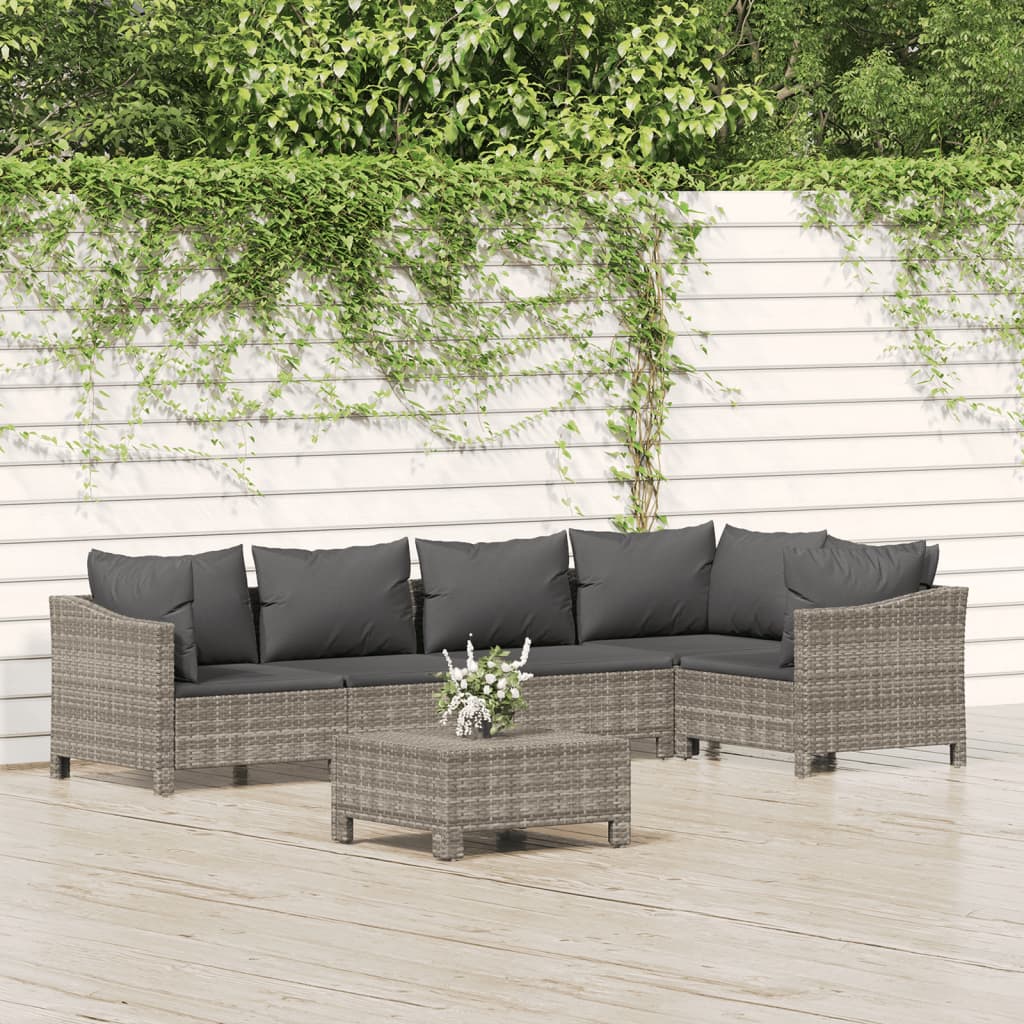 6 Pcs conjunto lounge de jardim c/ almofadões vime PE cinzento